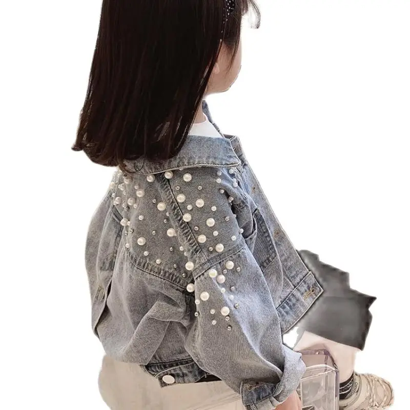 

Autumn Toddler Girls Denim Jackets Korean Kids Clothes Fashion Long Sleeve Jeans Cardigan with Pearls Cow Baby Girls Jean Coats