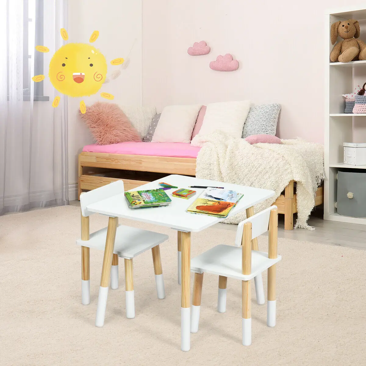 Kids Wooden Table & 2 Chairs Set Children Activity Table Set for Playing Eating  HW64427WH