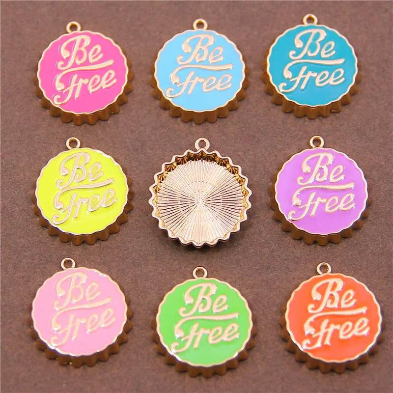 6Pcs Dainty Enamel Letter Be Free Round Bottle Cap Shape Pendant/Charm, Daint Medallion Charm, Necklace Bracelet Charm Accessori