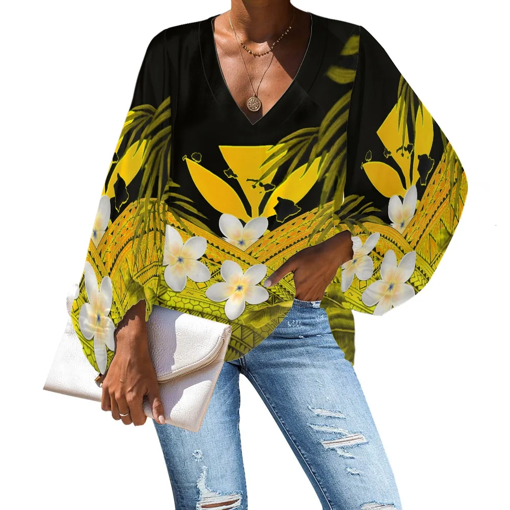 

HYCOOL New Sexy Vneck Club Chiffon Tops And Blouses Polynesian Tribal Print Blouse Women Tops Long Sleeve Womens Winter Top