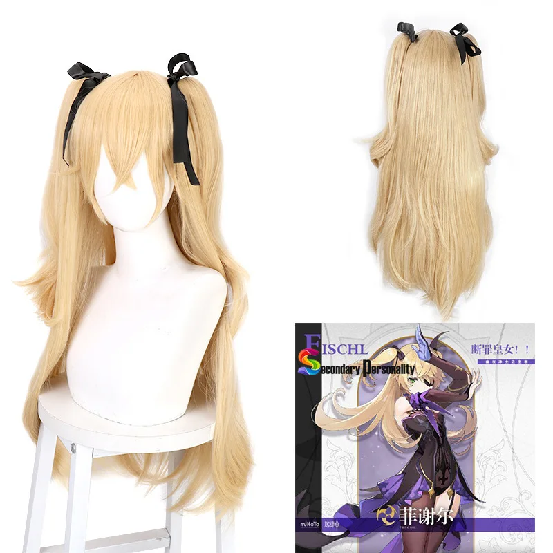 

Genshin Impact Fischl Wig Cosplay Blonde Twin Curly Ponytails Golden Straight Heat Resistant Hair Adult Halloween Role Play