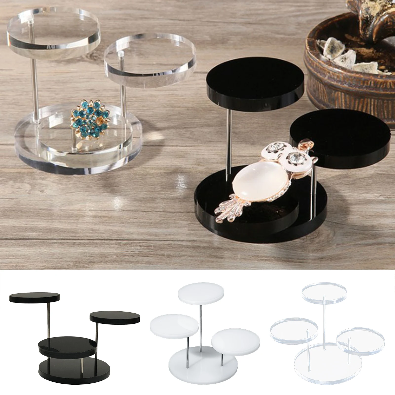 3 Layers Acrylic Display Stand Round Jewelry Necklace Earring Ring Rotating Show Rack Easy Clean Round Plate