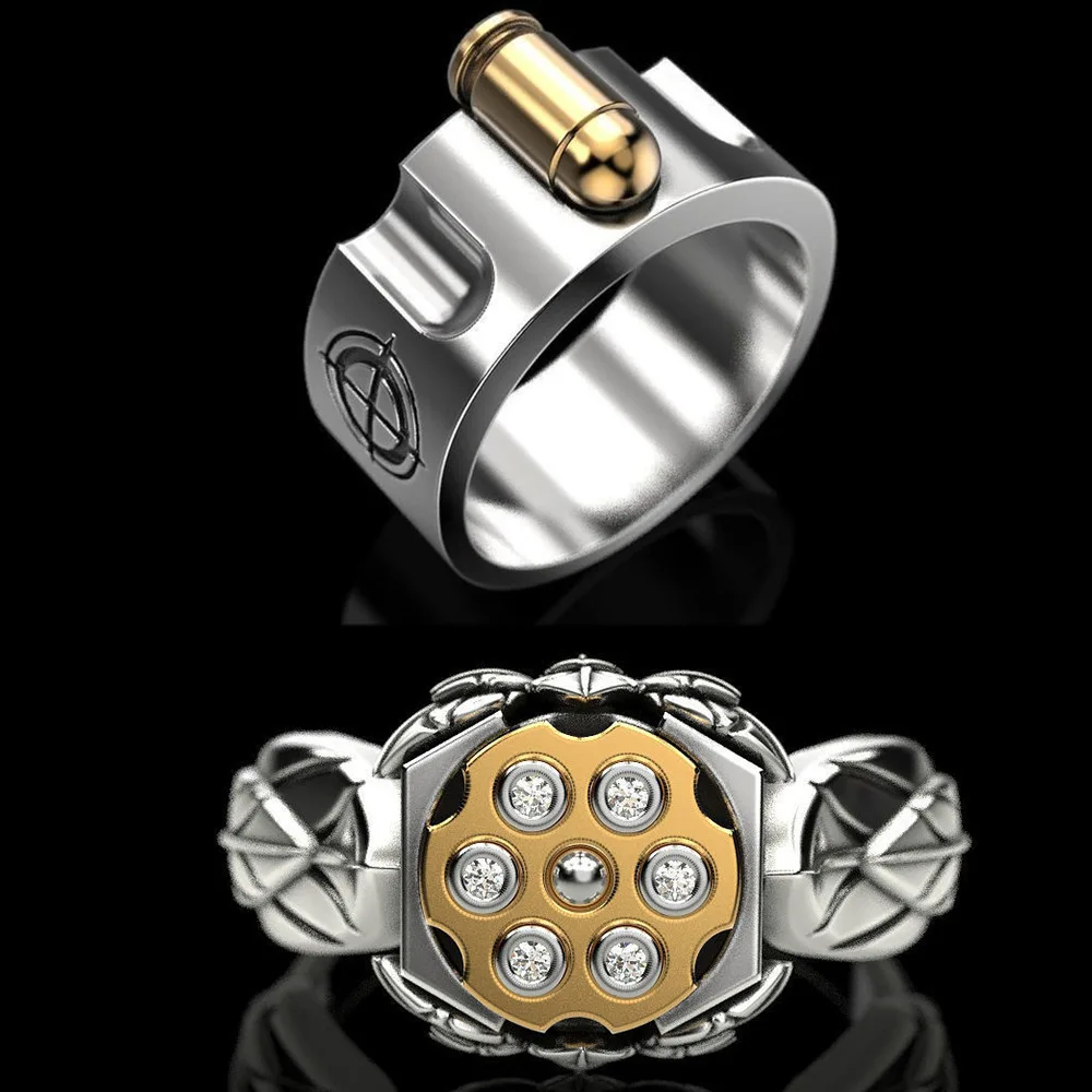 Foydjew Hot Style Russian Roulette Bullet Men\'s Rings Left Wheel Gun Bullet Nest Clip Shape Female Creative Couple Ring