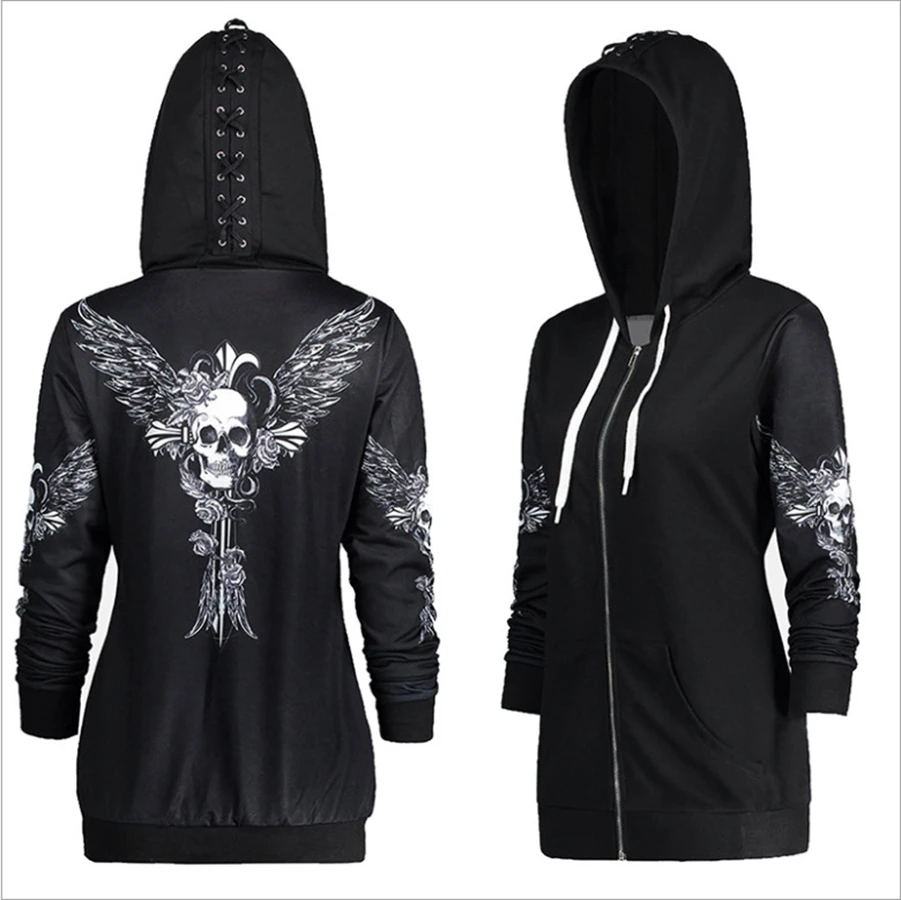 2021 Retro Punk Skull Wings Printed Black Women's Hoodie Long Sleeve Casual All-match Streetwear Slim new Sweatshirt