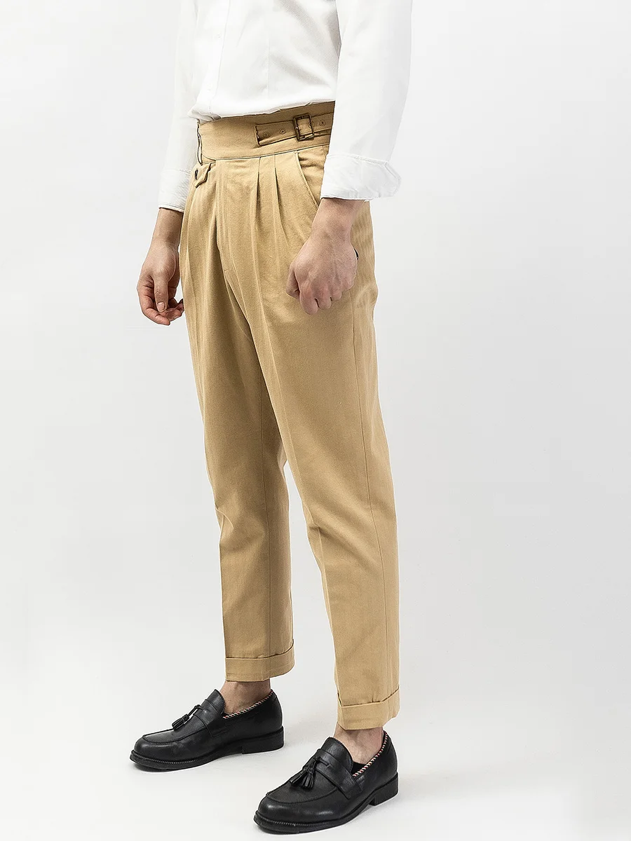 American Khaki Gurkha pantaloni Casual militari da uomo tute a doppia tasca con Design a pieghe pantaloni Slim a lisca di pesce Vintage