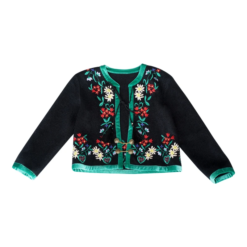 Women Jackets Fall Winter Vintage Handmade Embroidery Flower Tassel Short Jackets Elegant Slim Black Knitted Wool Cardigan Coats