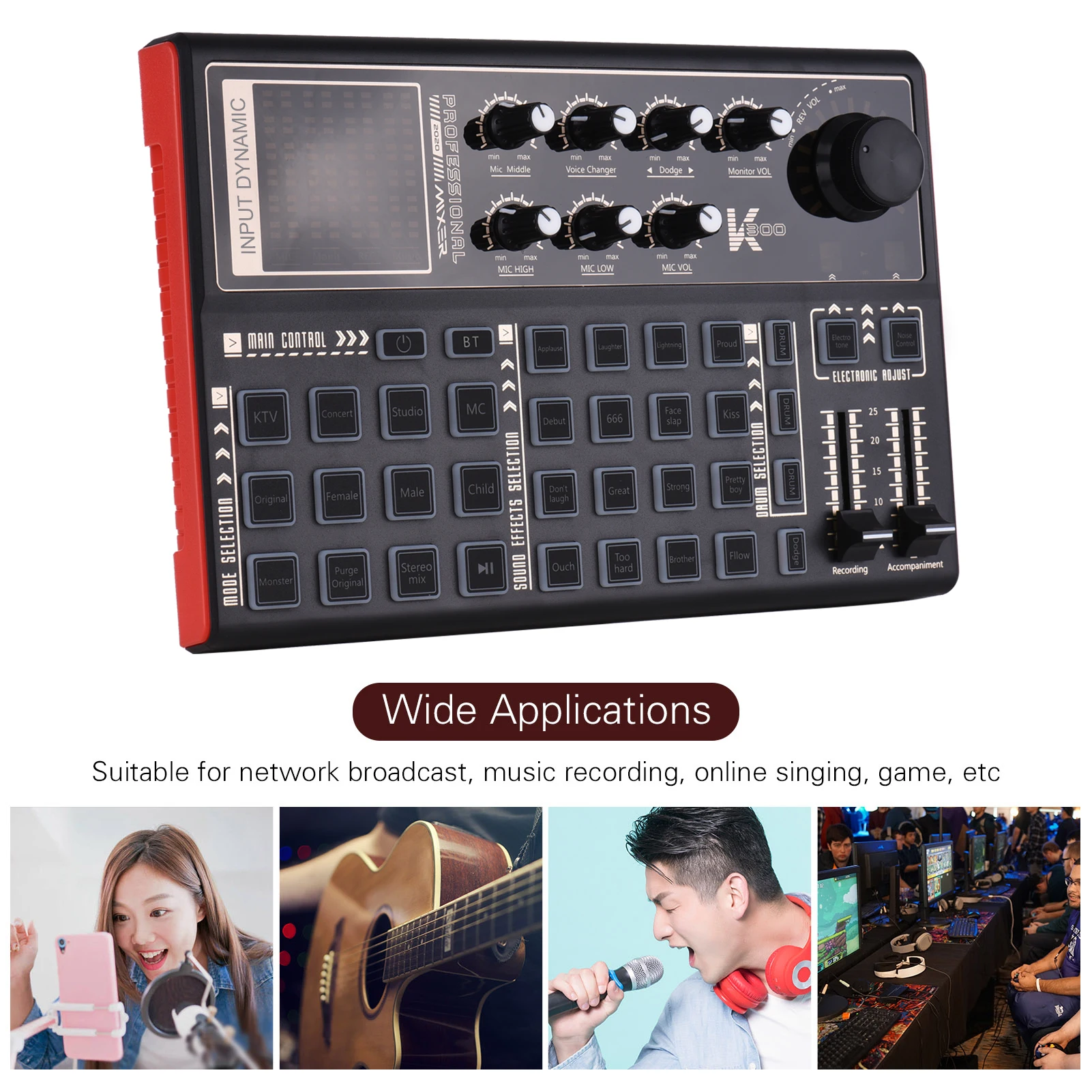 Muslady K300 Live Sound Card External Voice Changer Audio Mixer