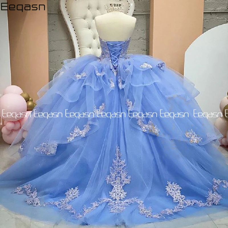 Vestido princesa Quinceanera com aplique de renda, vestido de baile com gola V, azul claro, impressionante, 15 anos, 2024