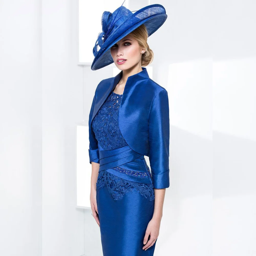 Charming Breve Due Pezzi Royal Blue Madre dei Vestiti dalla Sposa con il Rivestimento Del Merletto Bateau Collo Wedding Guest Abiti Al Ginocchio lunghezza