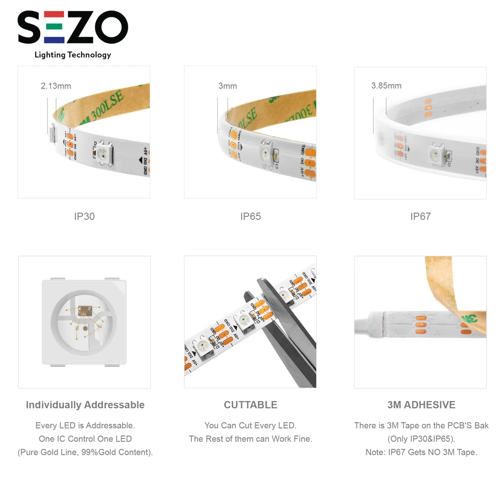 WS2812B bande Led WS2812 RGB adressable individuellement bande lumineuse Led intelligente noir blanc PCB IP30/65/67 étanche 0.3W/LED DC5V