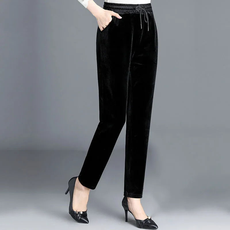 Middle-aged Elderly Mother Gold Velvet Pants Autumn Winter Elastic Casual Straight Pants Women High Waist Sport Strousers W2272