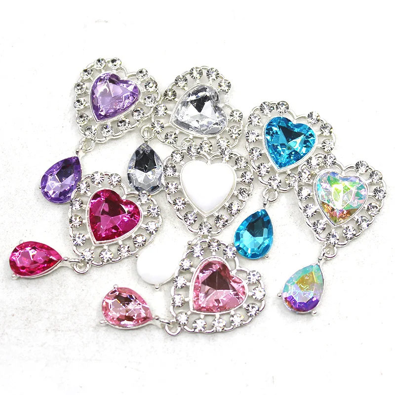 Acrylic Rhinestones Pendant Buttons, Mixed Color, DIY Handwork, Sewing, Decoration, Metal Accessories, 25x44mm, 10Pcs, Lot