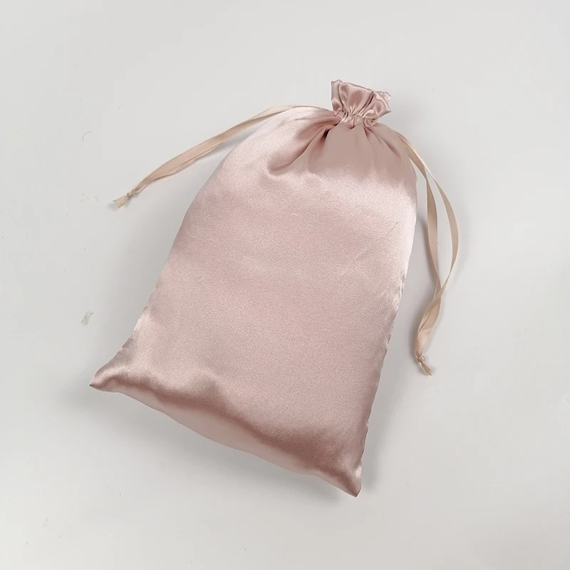 20PCS Individuelles Logo Rose Gold Seide Satin Kordelzug Tasche Make-Up Schuhe Kleidung Reine Haar Extensions Perücken Verpackung Taschen Lagerung – Detail 6