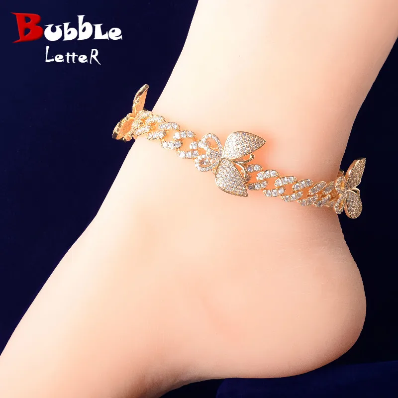 

Bubble Letter Butterfly Miami Cuban Link Anklets Feet Jewelry for Women Real Gold Plated Hip Hop Charms