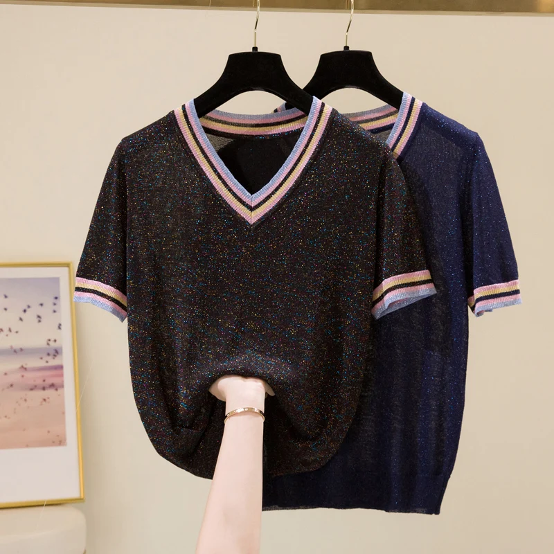 Shiny Lurex 2023 Spring Summer V Neck striped Sweater Women Casual Short Sleeve Pullover Knit Jumper Korean Tops