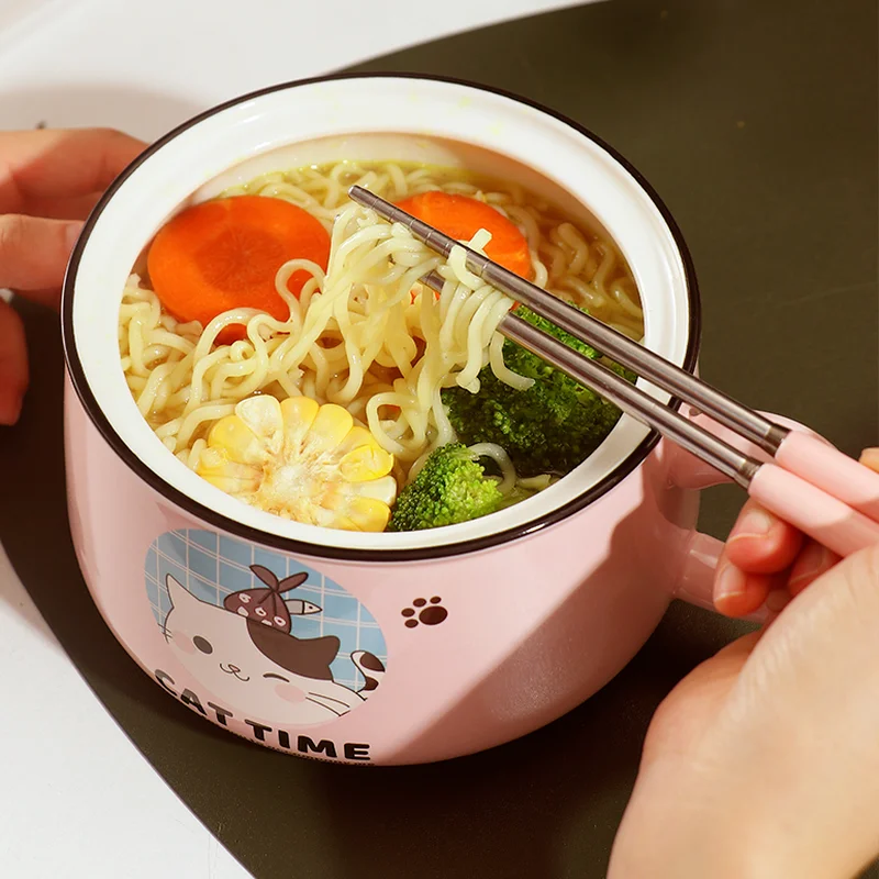 Creativity High Capacity Spoon with Lid Ceramics Instant Noodle Bowl Young Girl Dorm Room Student Office Super Large Bowl Mug