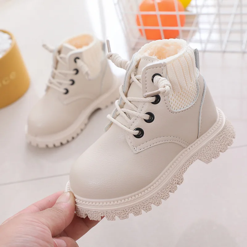 Kids Baby Girls Boots Spring/Autumn Single Shoes Fashion Cotton Shoes Children Boys Plush Boots Lace Up Velvet Winter Boots