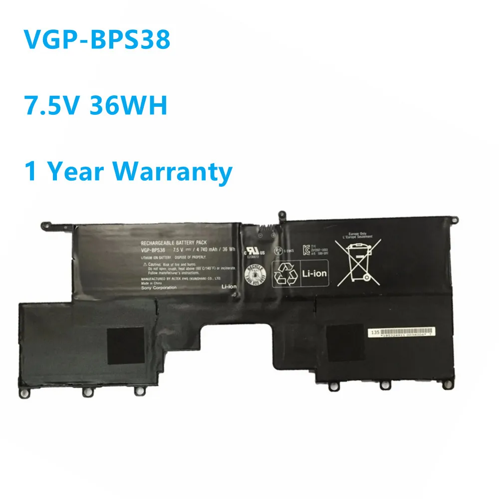 새로운 VGP-BPS38 노트북 배터리 소니 PRO11 PRO13 P132200C P11226SCBI P13227SC SVP13218SC BPS38 7.5V 36wh/4740mAh