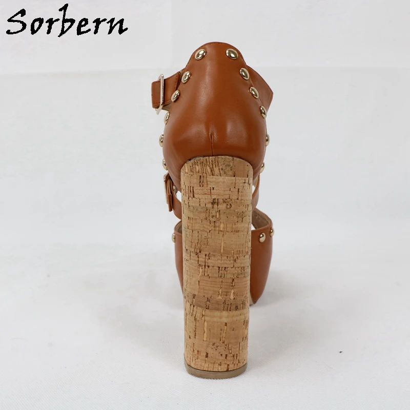 Sorbern Brown Chunky Heel Platform Sandals High Heel Peep Toe Women Footwear Rivet Sandals Summer Shoes Big Size 43 Sandals