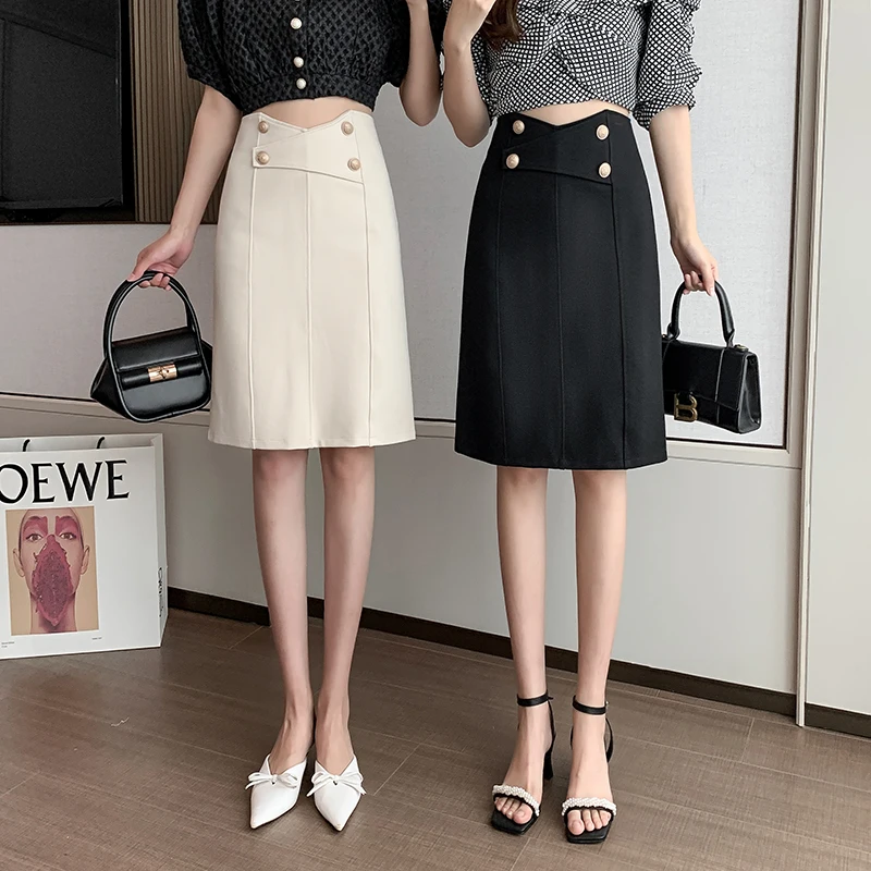 

Women's Elegant Korean Style Medium Skirt Solid High Waist Buttons Women Straight Skirts Knee Length Spring Summer 2021