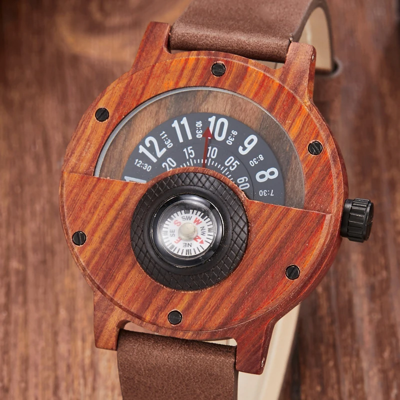 

Creative Wooden Watch Men Wrist Watches Real Solid Natural Walnut Wood Watches Rosewood Male Turntable Compass Wristwatch Clock