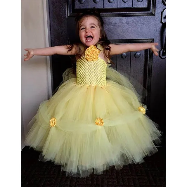 Girls Yellow Bella Princess Tutu Dress Kids Crochet Flower Evening Dress Ball Gown Children Birthday Party Banquet Costume Dress