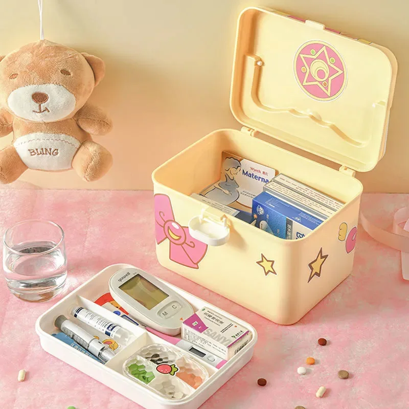 2 Layer Cute Storage Box Medical First Aid Kit for Child Family Emergency Kit Box Plastic Dispensing Box with Handle