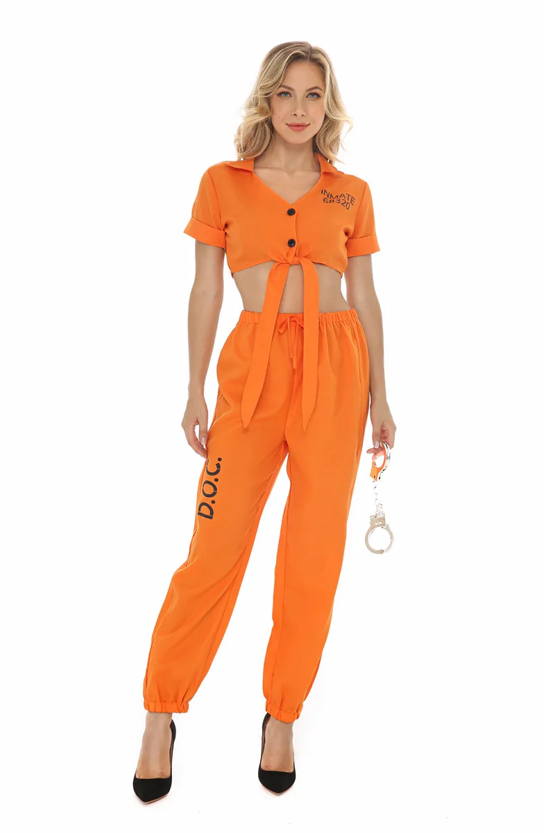 Orange Gefangene Cosplay Kostüm Outfits Split Set Für Erwachsene Weibliche Halloween Party Phantasie Kleid Hip Hop Dance Wear Bühne Kostüme