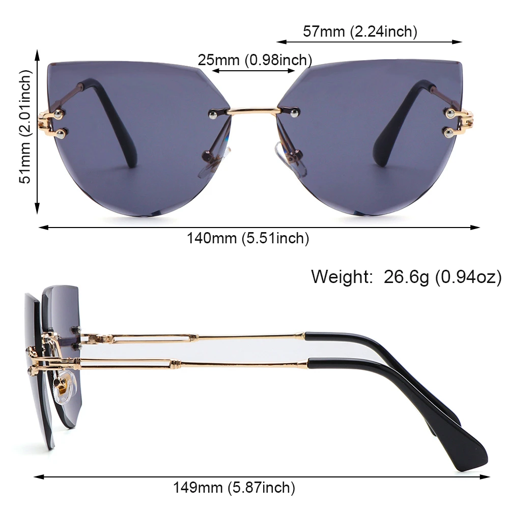 Óculos Gradiente Frameless para Mulheres, Metal Óculos De Sol, Cat Eye, Rimless Shades