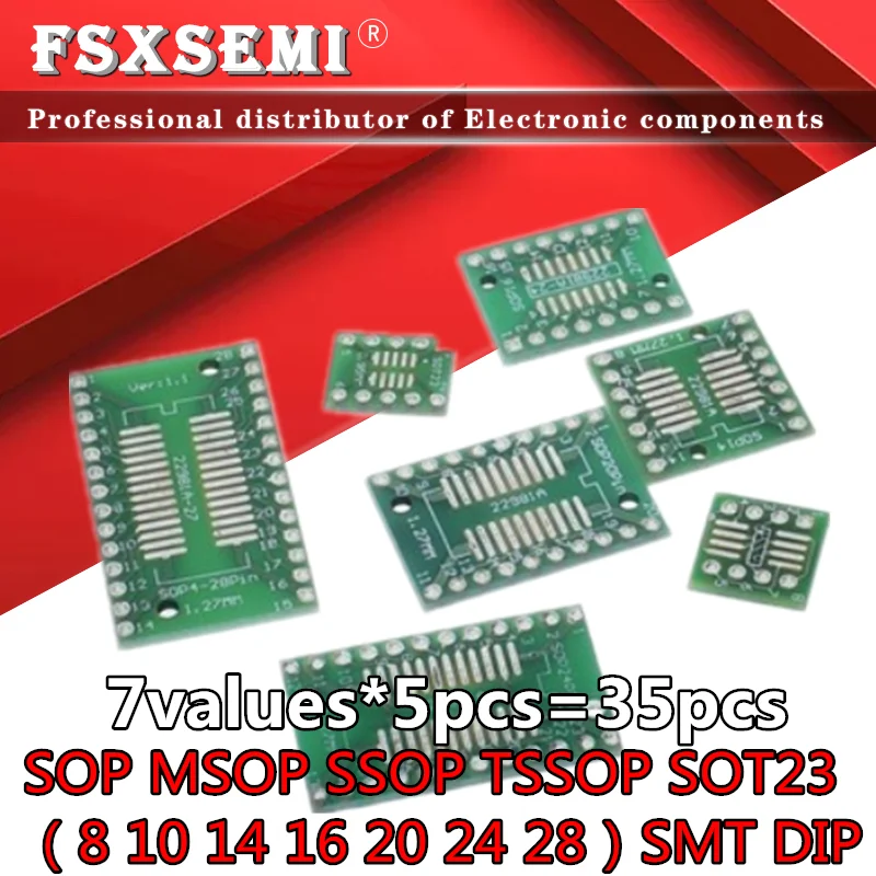 7values X5pcs=35pcs PCB Board Kit pinboard SMD Turn To DIP SOP MSOP SSOP TSSOP SOT23 8 10 14 16 20 24 28 SMT To DIP