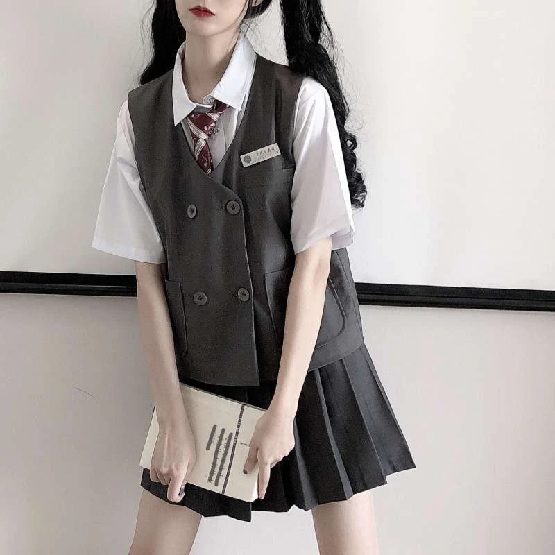 

2022 Summer Suit Kawaii Women Student Japanese College Style White Shirt + Vest Vest + Pleated Skirt Three-Piece Trend Free Tie