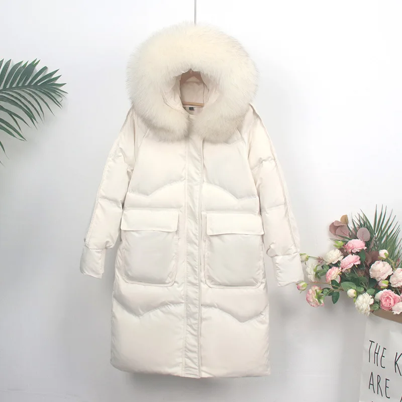 

MENINA BONITA 2022 Fashion Winter 90% White Duck Down Jacket Women Real Natural Fox Fur Collar Hooded Coat Warm Loose Outerwear