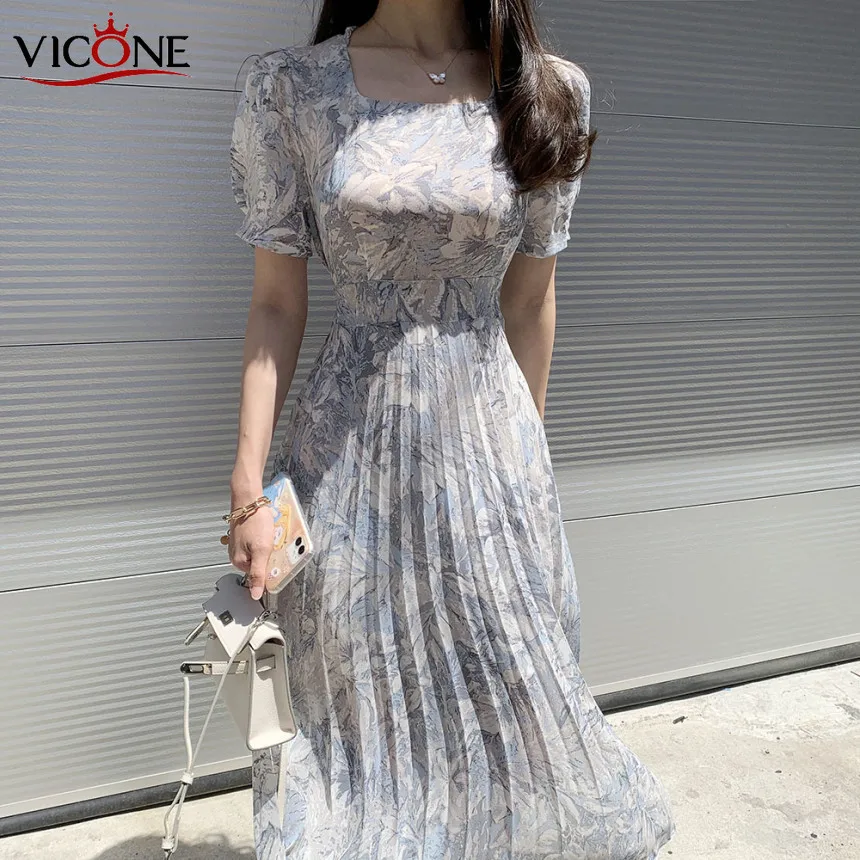 

VICONE Square Collar Watercolor Large Flower Chiffon Pleated Long Dress