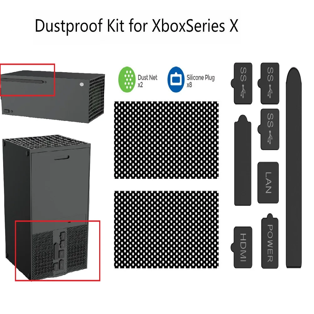 2 * Net + 8 * Set Filter Jaring Setelan Tahan Debu Konsol Kit Plug Silikon untuk Xbox Seri X Konsol Pelindung Konsol Setelan Tahan Debu