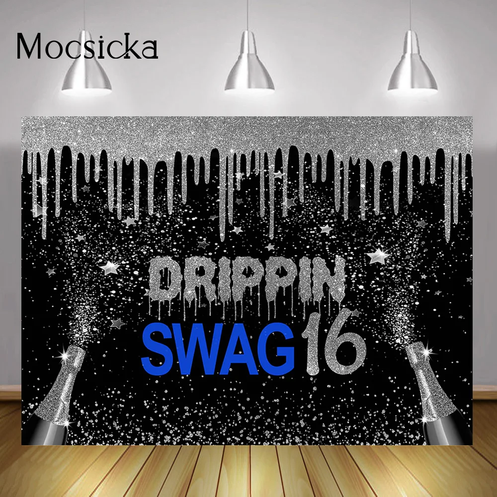 

Drippin Swag 16 Birthday Background Sliver Splash Black Children Sixteen Happy Birthday Photo Backdrop Stars Champagne Supplies