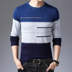 2024 Autumn Winter Pullover Men Round Collar Striped Cotton Sweaters Slim Fit Pull Homme Knitwear