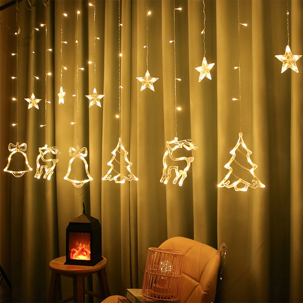 2.5M EU/US Plug Led Christmas Tree deer bells stars Garland Fairy Curtain Light For New Year Party Bar wedding Vacation Decor