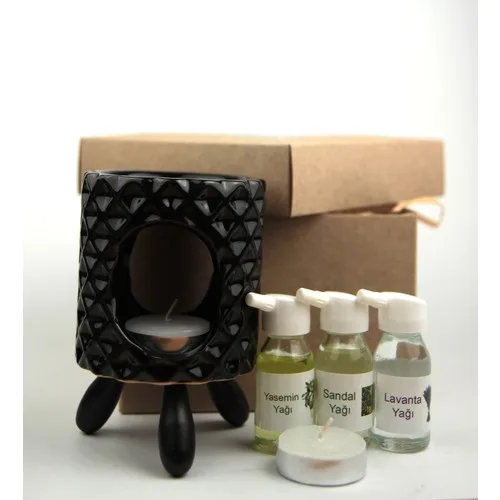 Gift Idea Lozenge Pattern Black Color Censer and 3 Pcs Oil Set