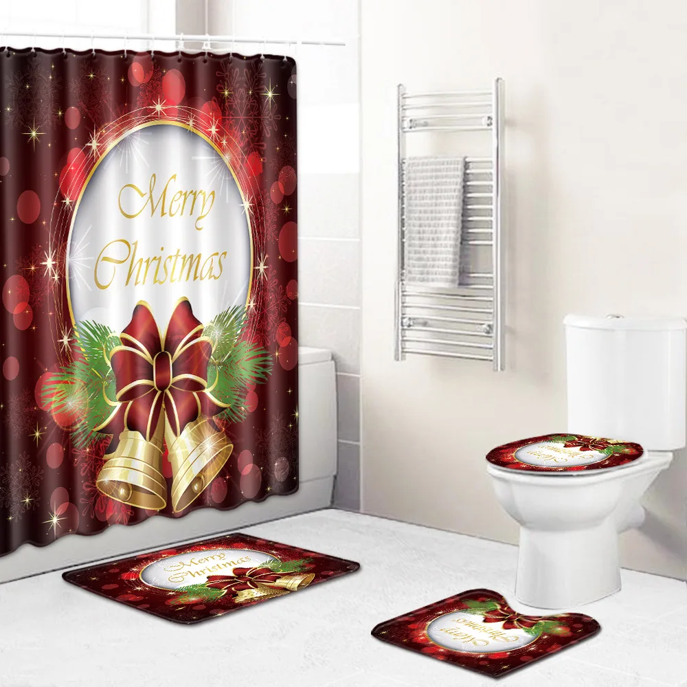 

Bathroom Merry Christmas Bell Christmas Style Decor-Non-Slip Pedestal Rug Lid Toilet Cover Bath Mat Waterproof Polyester Shower