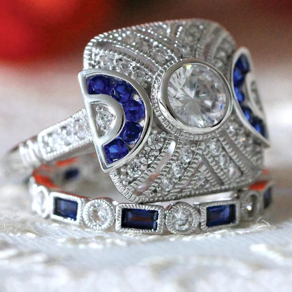 Women's 925 Silver Wedding Ring Set with Zircon Crystal, Elegant Design
