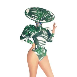 Vintage Nightclub Party Performance Costumes Green Leaves Puff Sleeve Top Shorts Hat 3-piece Stage Outfit Sets Singer Stage Wear