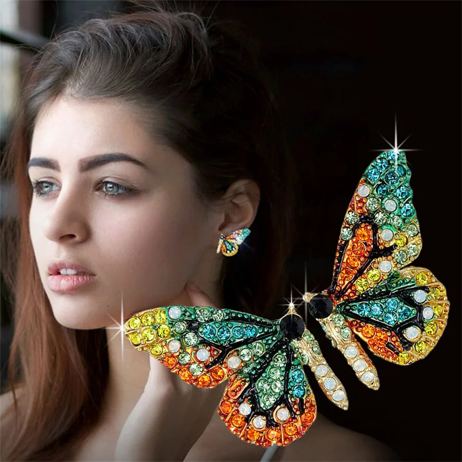 Original Half Of Butterfly Studs Earrings For Women  New Vintage Rhinestone  Personality Metal Earrings Sweet Romantic Jewelry