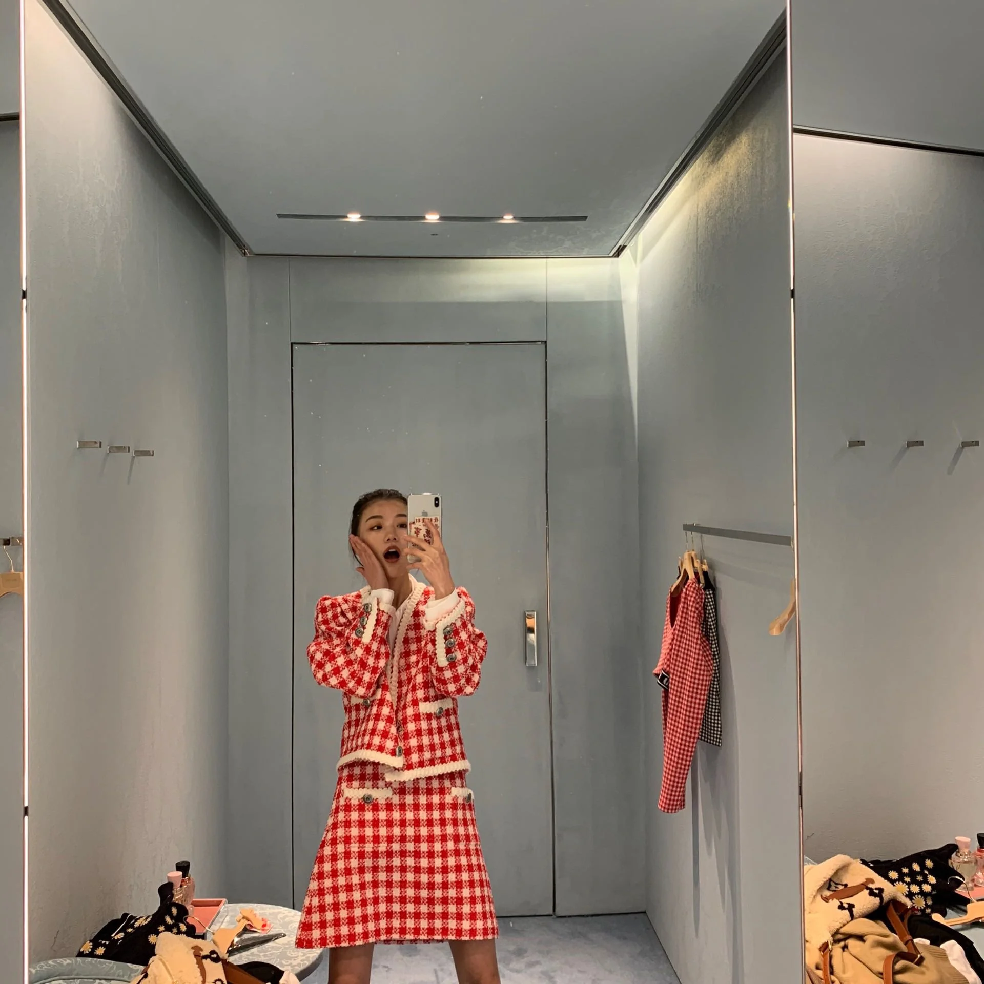 

Ladies Office Tweed Skirt Fashion Colorblock High Waist Loose Fit A-Line Mini Skirt Summer Female Sweet Red White Plaid Skirts