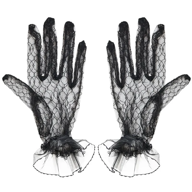 Gothic Lolita Women Lace Gloves Summer Sunscreen Short Lace Tulle Sexy Black Gloves for Women Halloween Tea Party Dress Gloves