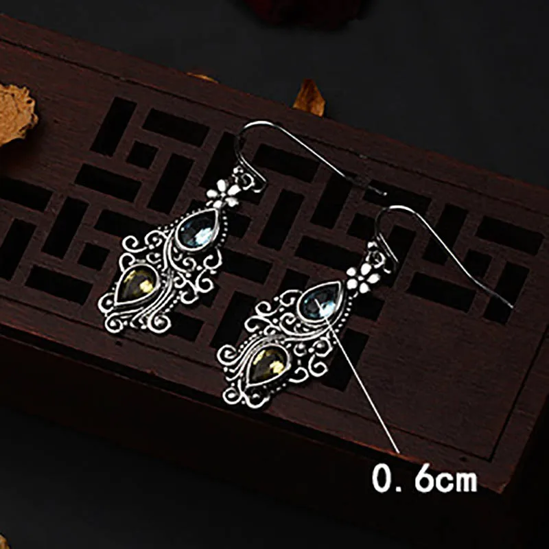 JoiasHome 925 Earrings Vintage Ethnic Blue Sea Topaz Creative Passion Flower Water Drop Pear Shaped Earrings