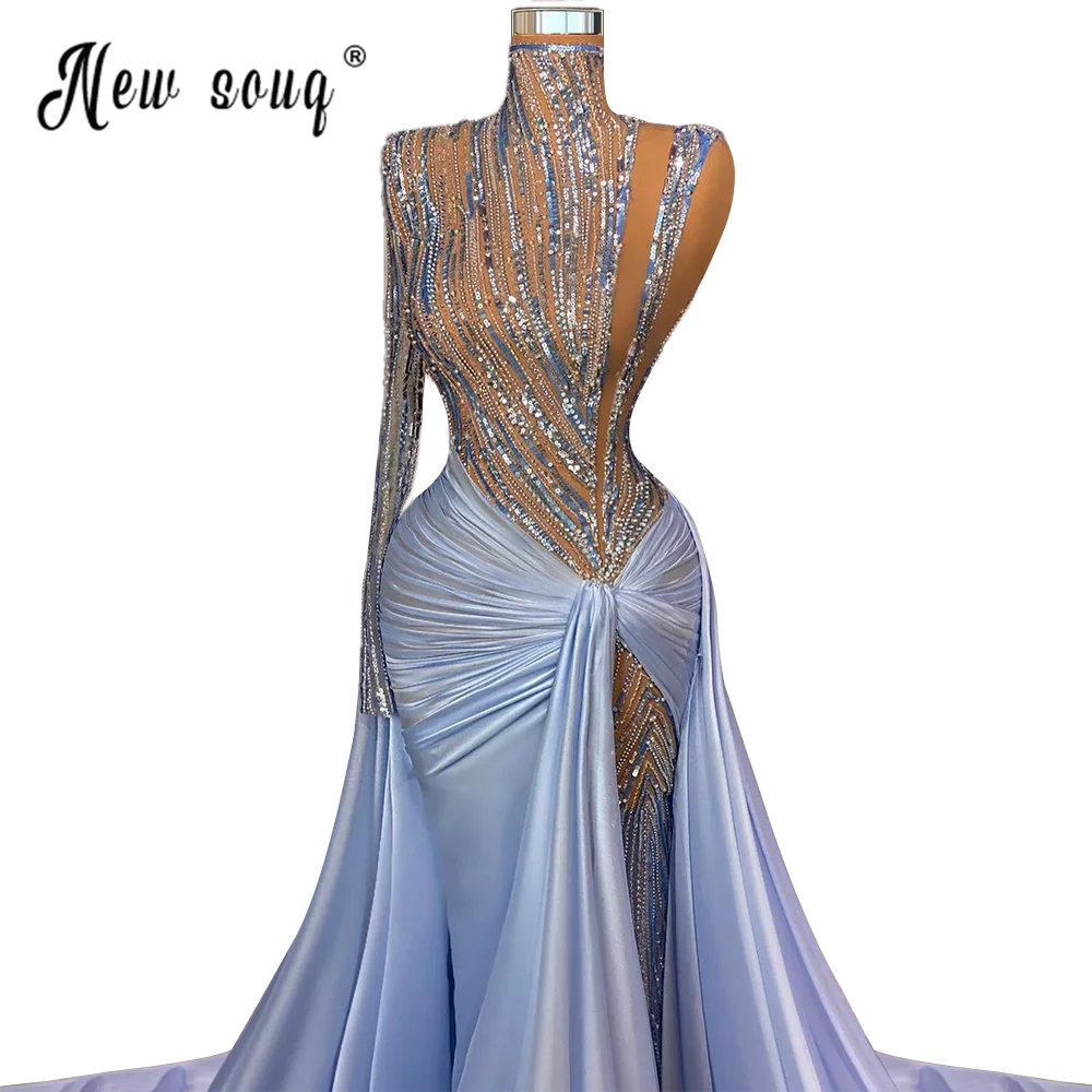 Sexy See Thru Mermaid Avondjurken Luxe Hoge Hals Kralen Formele Party Night Jurken Hoge Split Avondjurk Robe De soiree