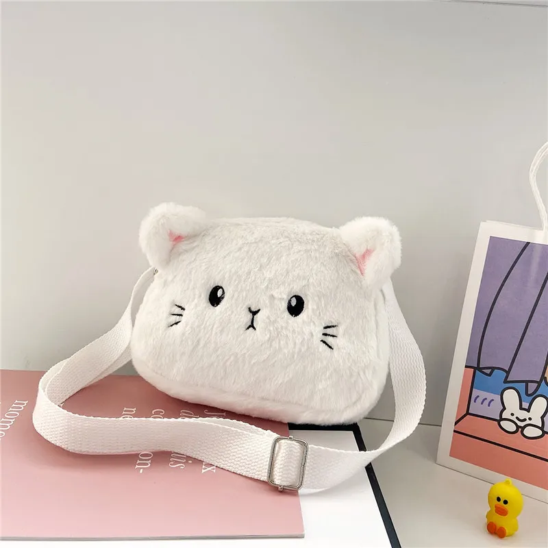 Cartoon Cat Baby Girls Crossbody Bags Cute Soft Plush Children\'s Shoulder Bag Winter Fashion Boys Kids Furry Handbags Coin Purse