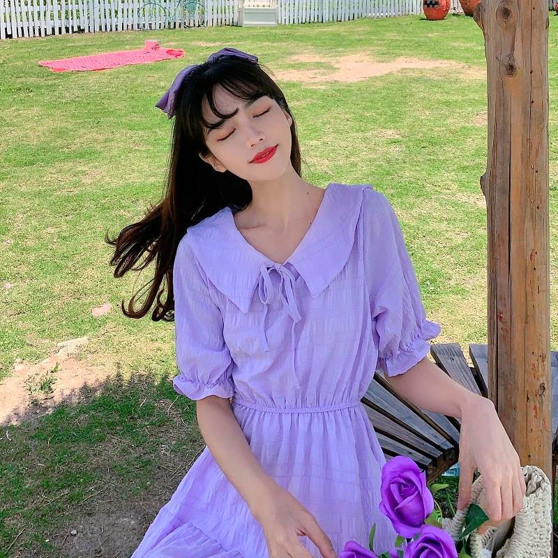 Short Puff Sleeve Dress Women Peter Pan Collar Calf-length Elegant Solid Pleated Korean Sweet Girls Female Stylish Purple Chic