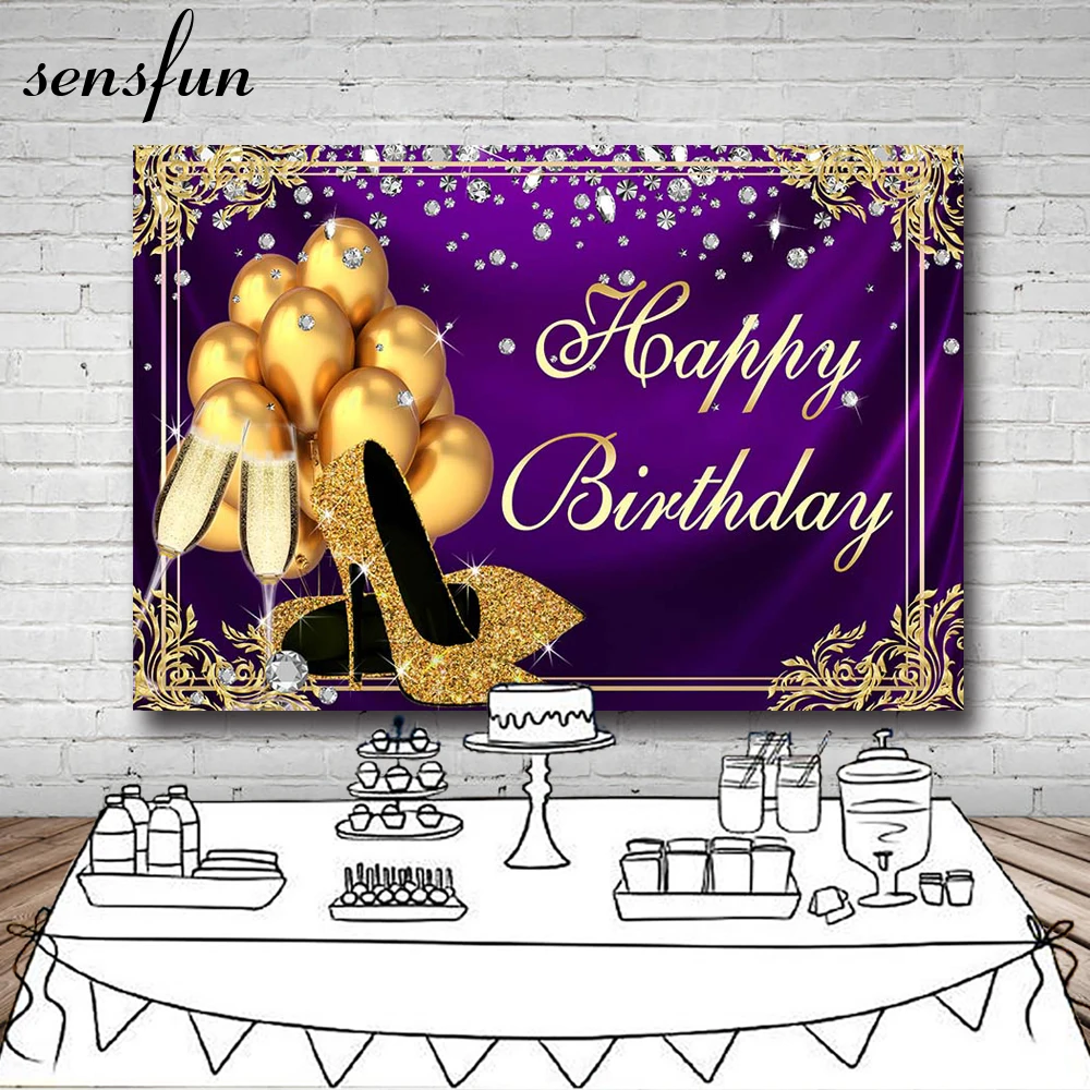 Sensfun Purple Gold Balloons Glitter Heels Backdrop Elegant Lady Women Happy Birthday Party Photography Background Customized