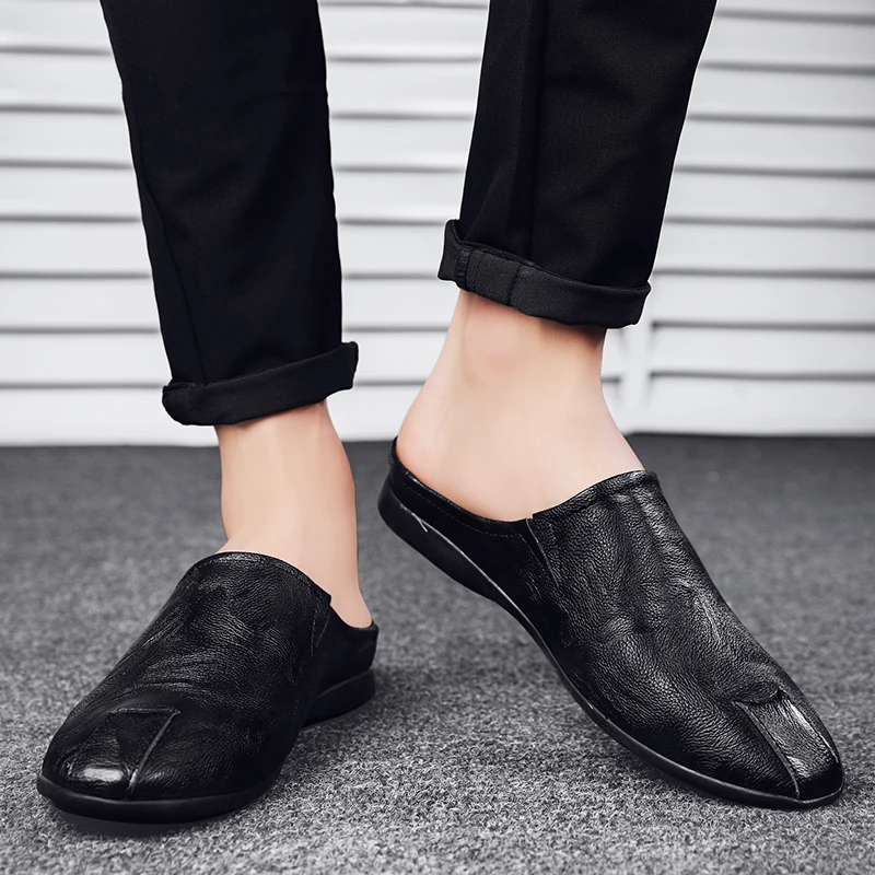 Luxury Designer Half Shoes For Men Leather Backless Loafers Slippers Mens Semi-Drag Casual Shoes Breathable Summer Slip On Flats